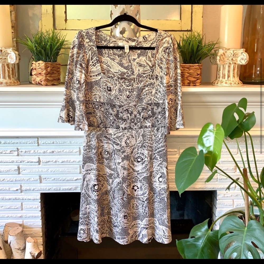 DVF Floral Square Neck Bell Sleeve Dress 100% Silk